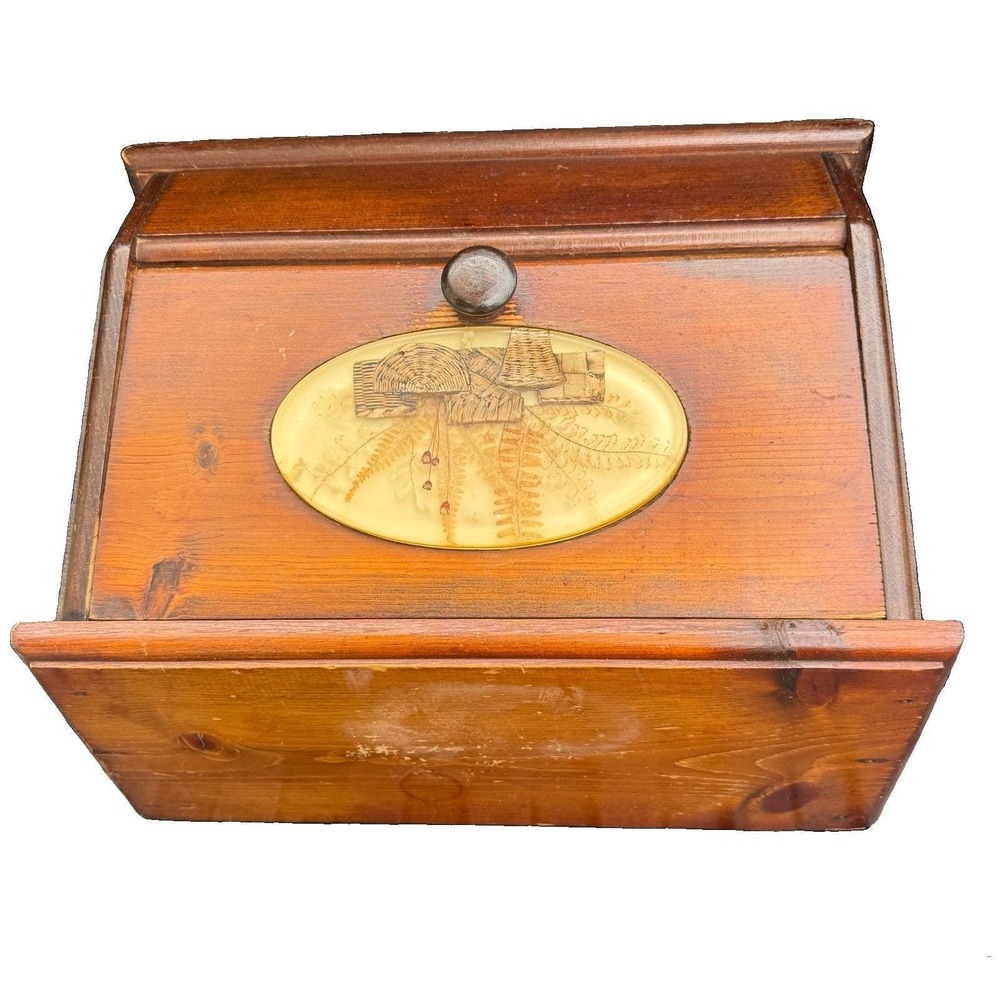 Vintage Wooden Bread Box Rustic Farmhouse Kitchen Storage Resin Floral Inlay